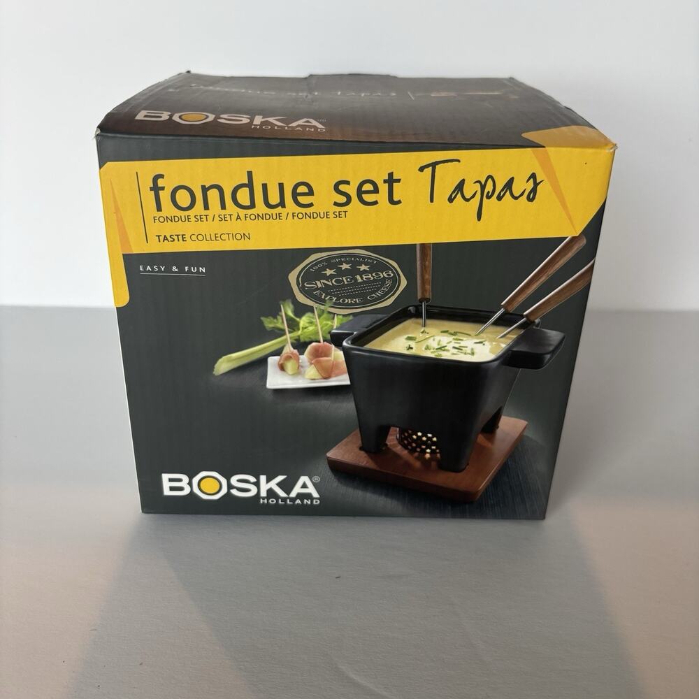 Boska Holland Tapas Cheese Fondue Set Chocolate Black Ceramic Mahogany Wood Mini